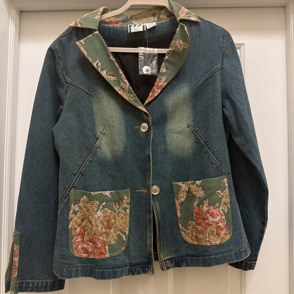 VTG Take Two Clothing Co Y2K Denim Jacket Floral Trim Beaded Boho Cottagecore M
